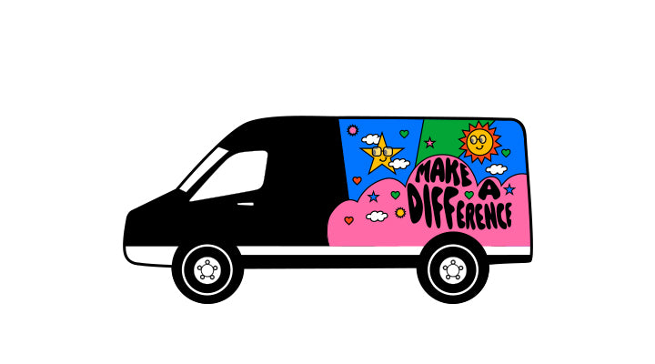 Cartoon image of a mobile eye exam van with words "Make a Difference"