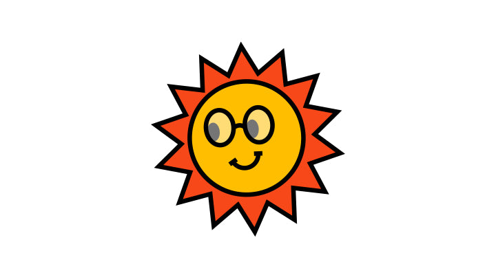 Cartoon image of sun with eyes wearing glasses