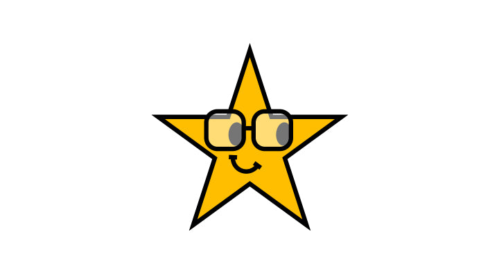 Cartoon icon of yellow star with eyes wearing glasses