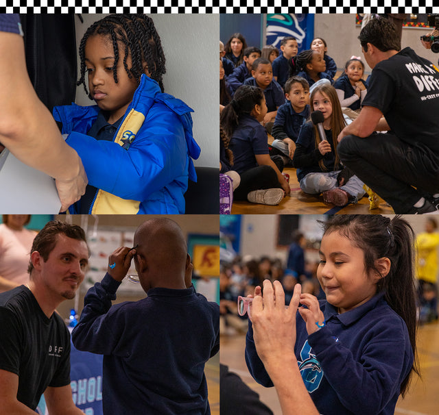 Collage of children trying on new glasses at a Vision to Learn event at their school