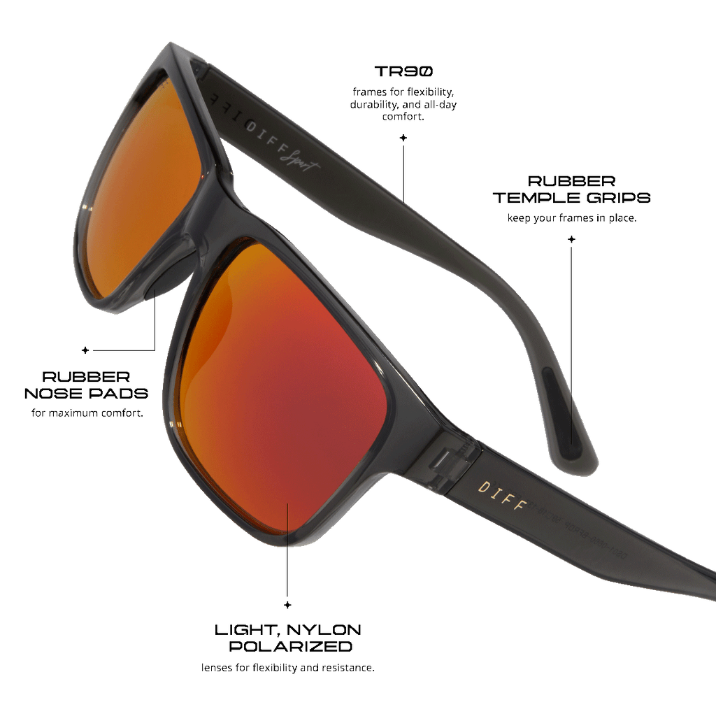 Ace Rectangle Sunglasses Black Smoke Crystal & Red Mirror Polarized