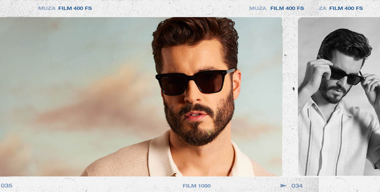 Male model in studio wearing black square sunglasses