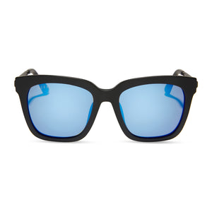 diff eyewear bella square sunglasses with a matte black frame and blue mirror polarized lenses front view