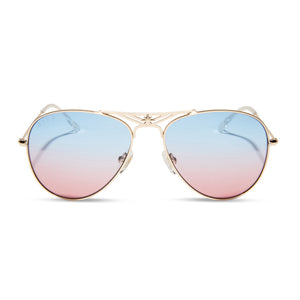 marvel studios the marvels x diff eyewear captain marvel aviator sunglasses with a gold frame and blue to red lenses front view
