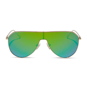 diff eyewear dash shield oversized sunglasses with a gold metal frame and green mirror lenses front view