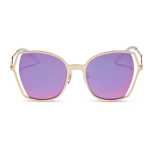diff eyewear donna iii oversized square sunglasses with a gold metal frame and pink rush mirror lenses front view