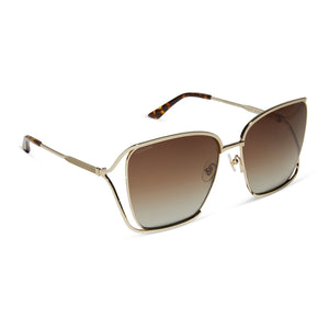 iconica diff eyewear francesca square oversized sunglasses with a gold metal frame with dark tortoise temple tips and brown gradient polarized lenses angled view