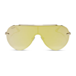 diff eyewear imani oversized shield sunglasses with a gold metal frame and brilliant gold mirror lenses front view