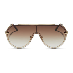 diff eyewear featuring the imani shield sunglasses with a gold frame and brown gradient lenses front view
