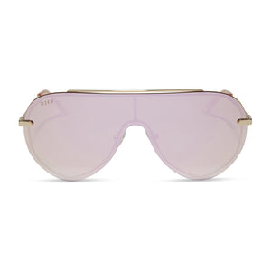 diff eyewear featuring the imani shield sunglasses with a gold frame and cherry blossom mirror lenses front view