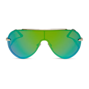 diff eyewear imani oversized shield sunglasses with a gold metal frame and green mirror lenses front view