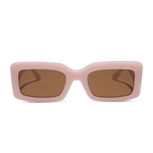 diff eyewear featuring the indy rectangle sunglasses with a pink velvet frame and brown lenses front view