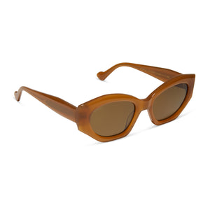iconica diff eyewear margot cat eye sunglasses with a salted caramel acetate frame and brown polarized lenses angled view