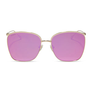 diff eyewear vittoria square oversized sunglasses with a gold metal frame and pink rush mirror lenses front view
