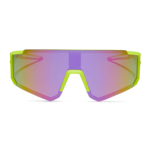 diff sport heat shield sunglasses with a neon yellow frame and pink rush mirror polarized lenses front view