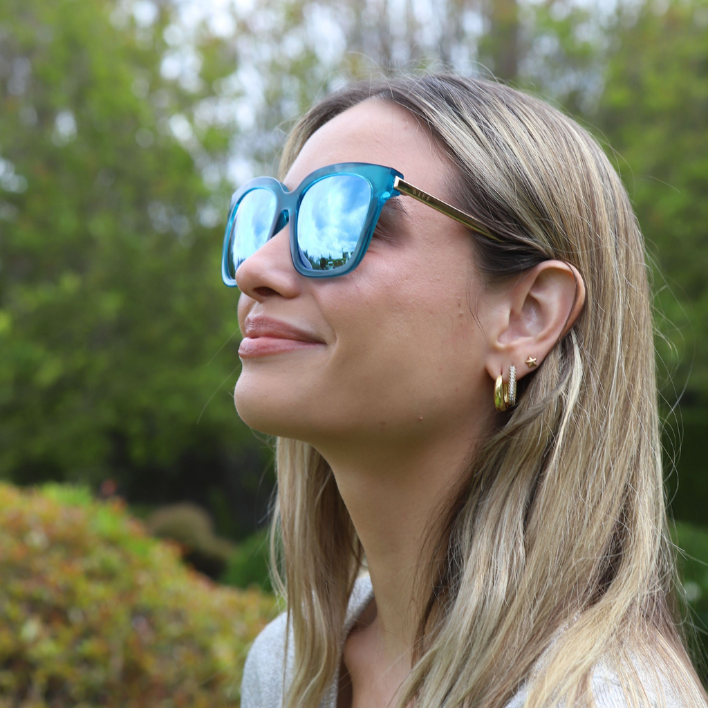 Bella Square Sunglasses Turquoise Ice Crystal Teal Mirror