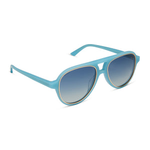 iconica x diff eyewear pia oversized aviator sunglasses with a parasido blue acetate frame and paradiso blue polarized lenses angled view