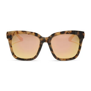 kalee rogers x diff eyewear bella square sunglasses with a gold acetate frame and gold mirror lenses front view