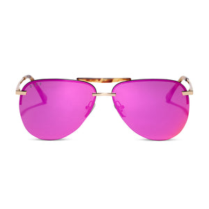 diff eyewear tahoe aviator sunglasses with a gold frame and pink mirror lenses front view