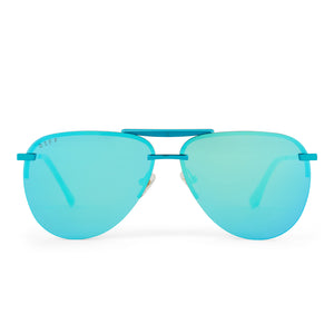 diff eyewear tahoe aviator sunglasses with a turquoise metallic frame and teal mirror lenses front view