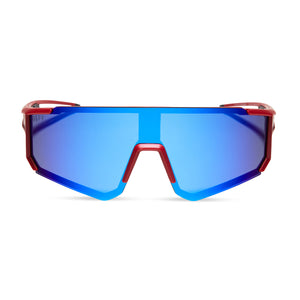 marvel studios' x diff eyewear guardians of the galaxy team suit oversized shield sunglasses with a deep space black red frame and space blue mirror polarized lenses front view