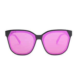 GIA sunglasses with black frames and pink mirror lens front view