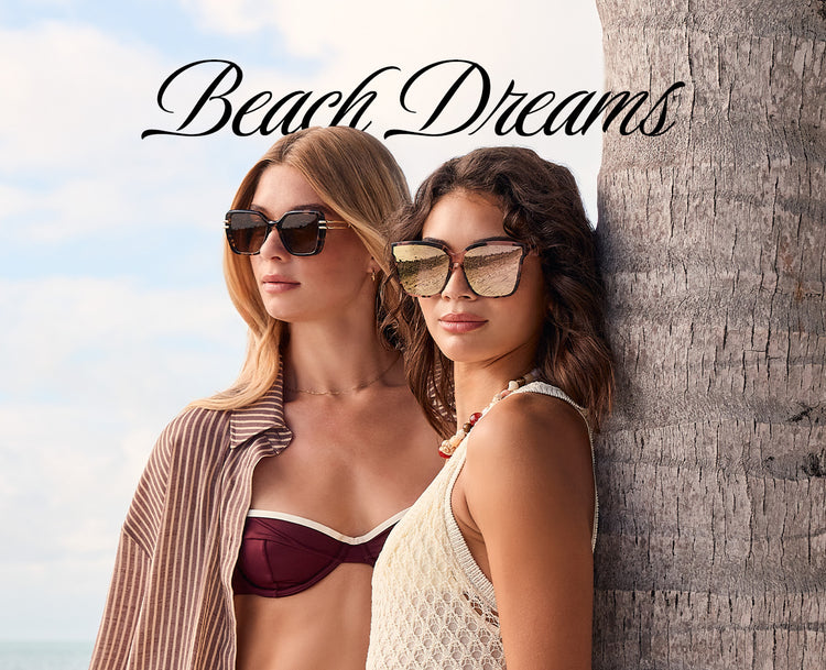 Models on tropical beach wearing diff sunglasses