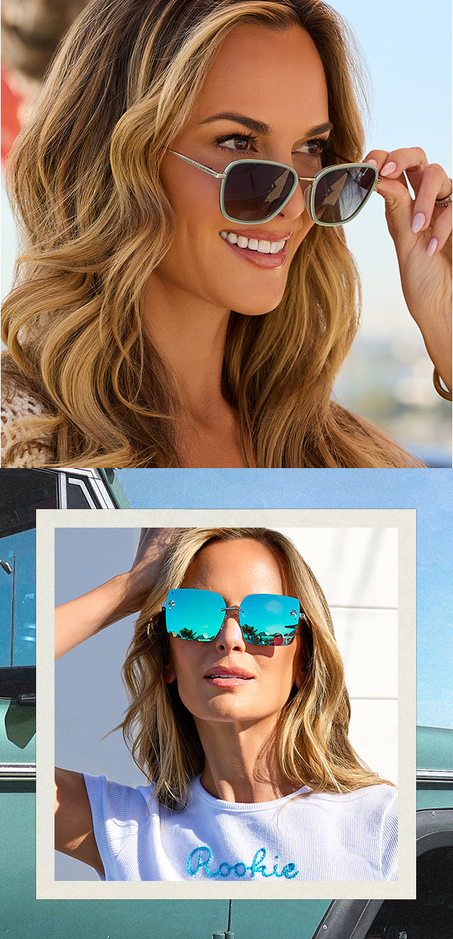 Jena Sims show casing her new diff eyewear sunglasses featuring the Hope Bronco Blue and the Rookie in Bronco Blue