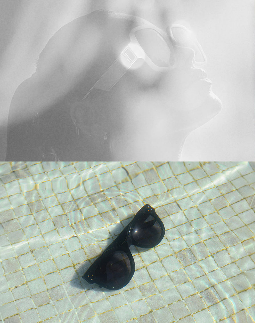 Background image of faded dreamy woman wearing sunglasses and sunglasses under water in a pool