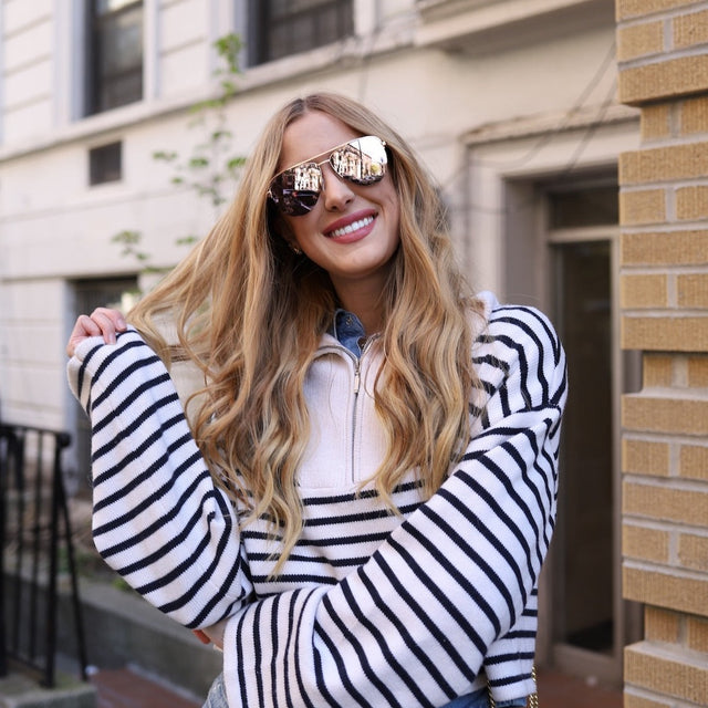 customer content - mallorycassady wearing tate aviator rose gold with cherry blossom mirror sunglasses