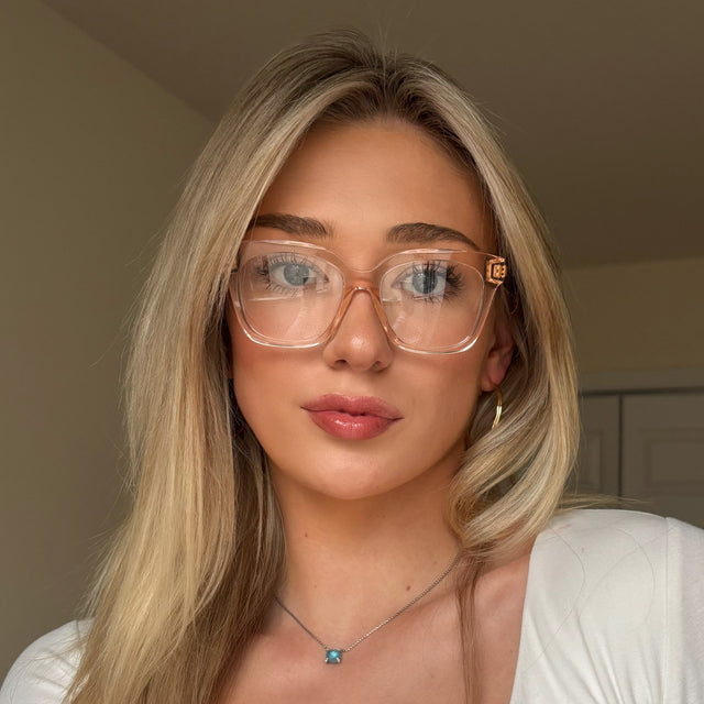 customer content - female wearing diff eyewear bella xs square prescription glasses with a vintage rose crystal frame front view