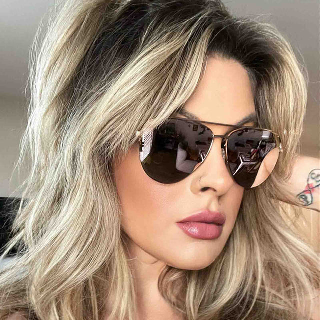 customer content - musicmellie wearing diff eyewear tate aviator sunglasses with a rose gold frame and cherry blossom mirror lenses