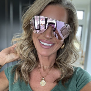 Imani Shield Sunglasses | Gold & Cherry Blossom Mirror  display picture 1