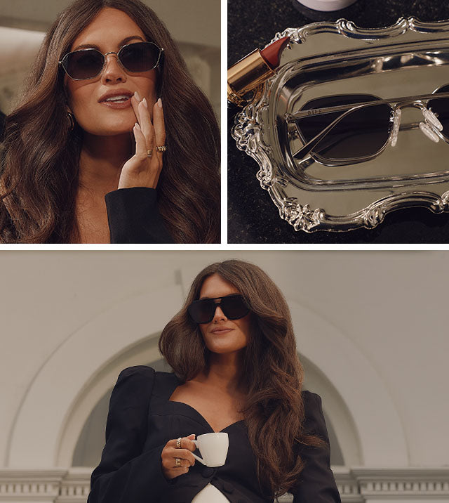 Images of Caitlin Covington and her sunglasses by DIFF Eyewear