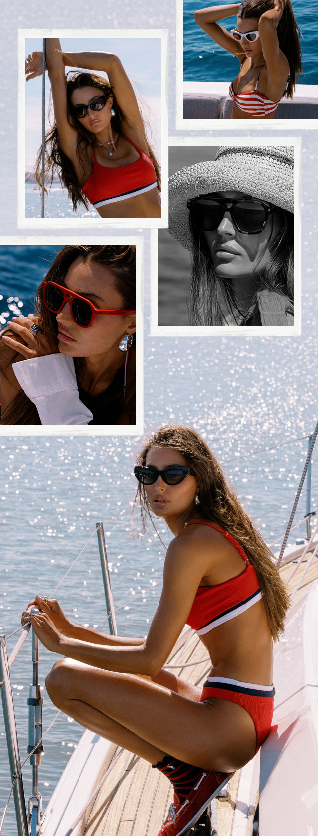 woman on a boat wearing various sunglasses a collaboration of DIFF Eyewear and Beach Riot