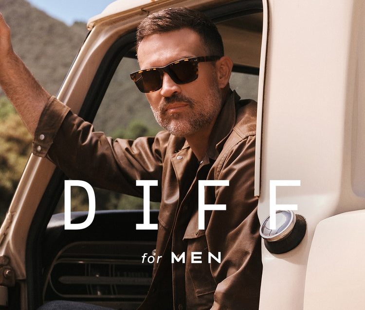 Male model in studio wearing black square sunglasses