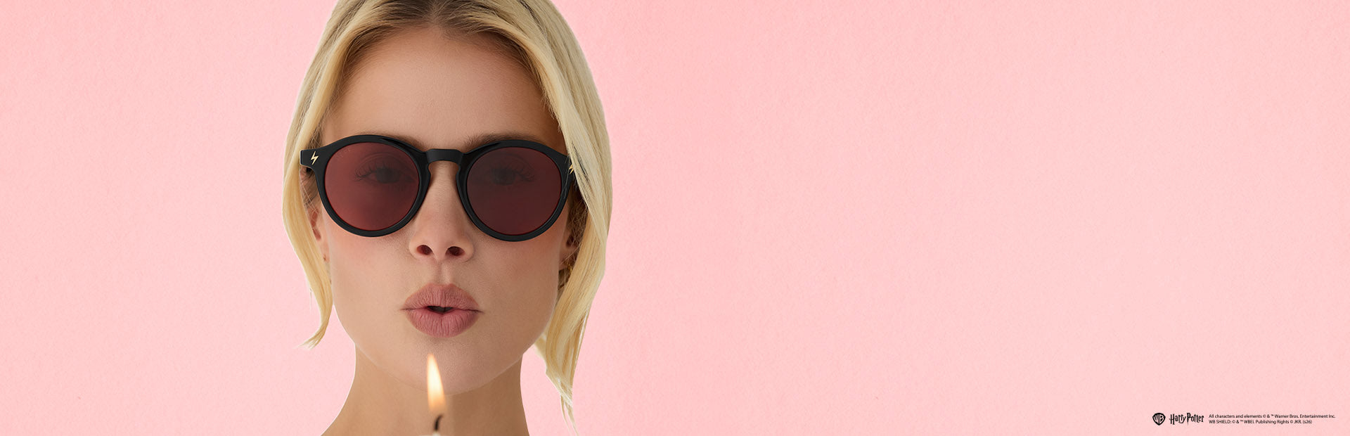 Blue gradient oval sunglasses with gold star charms and a beaded chain, styled with a vintage pocket watch, teacup, and rose in a Disney-inspired scene