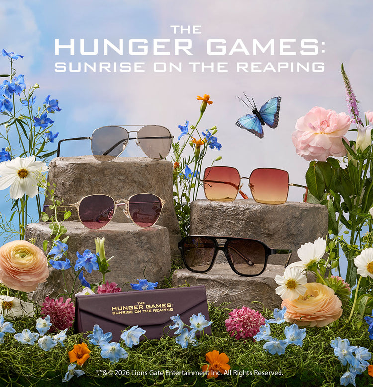 diff eyewear x the hunger games: sunrise on the reaping collection banner featuring the 4 sunglass styles, snow, effie, haymitch, and lenore dove