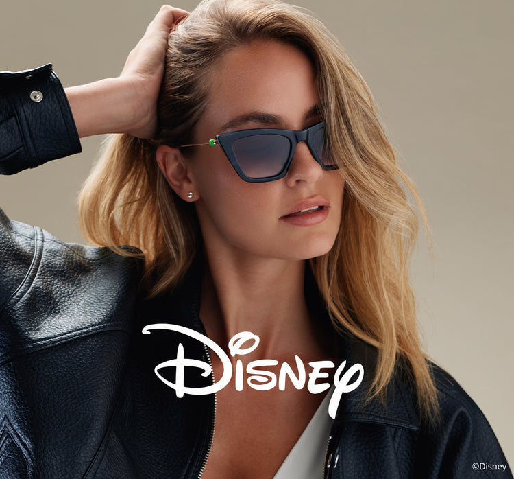 diff eyewear x disney villains banner featuring Cruella De Vil, Maleficent, and Ursula sunglasses.
