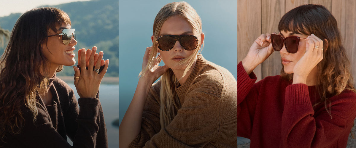 The Fall Shop 3 women wearing fall colored cardigans and diff eyewear sunglasses
