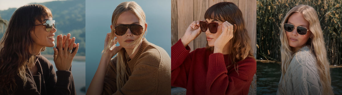 The Fall Shop 3 women wearing fall colored cardigans and diff eyewear sunglasses