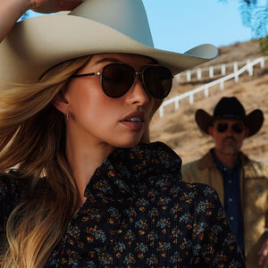 DIFF x Yellowstone Aviator Sunglasses - Black Lenses, Gold Frame DIFF Yellowstone Sunglasses Beth II Chunky Rectangular  main image 4