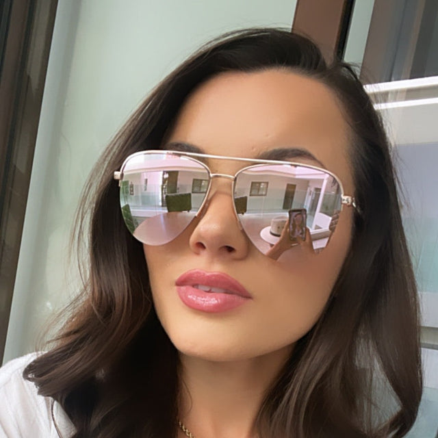 customer content - lucelianelles wearing tate aviator rose gold with cherry blossom mirror sunglasses
