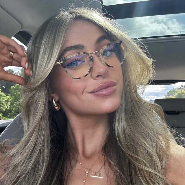 customer content - blonde female wearing diff eyewear rue square glasses with a cream tortoise frame and prescription lenses