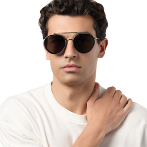 on model - female wearing star wars x diff eyewear anakin™️ podracer™️ round prescription glasses with a galactic brushed silver metal frame and flip up space grey lenses front view