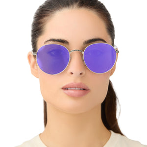 on model - female wearing lifestyle star wars x diff eyewear mace windu round sunglasses with space oxidized steel metal frame and lightsaber™️ purple lenses front view