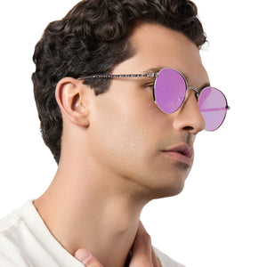 on model - male wearing lifestyle star wars x diff eyewear mace windu round sunglasses with space oxidized steel metal frame and lightsaber™️ purple lenses angled view