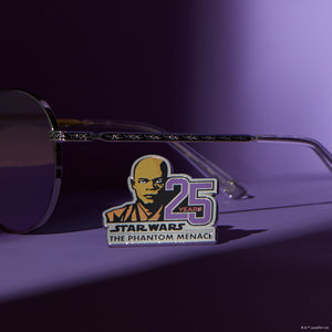 lifestyle star wars x diff eyewear 25 years collectors pin of mace windu™️ with mace windu round sunglasses with space oxidized steel metal frame and lightsaber™️ purple lenses front view