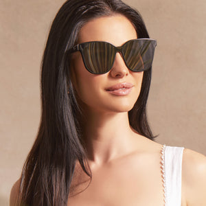 on model - female wearing Gia Black and Grey Oversized Cat Eye Sunglasses