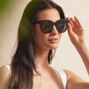 on model - female wearing Gia Black and Grey Oversized Cat Eye Sunglasses